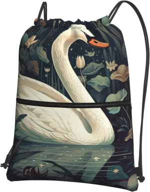 Drawstring Backpack Gym Bag Cinch Bag Draw String Back Bag Swan in Pond Drawstring Bags for Travel