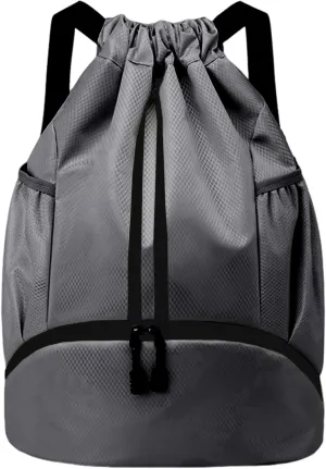 Drawstring Backpack Gym Bag with Shoes Compartment for Soccer, Basketball, Swim, Water-Resistant String Backpack Beach Cinch for Women Men, Dark Grey