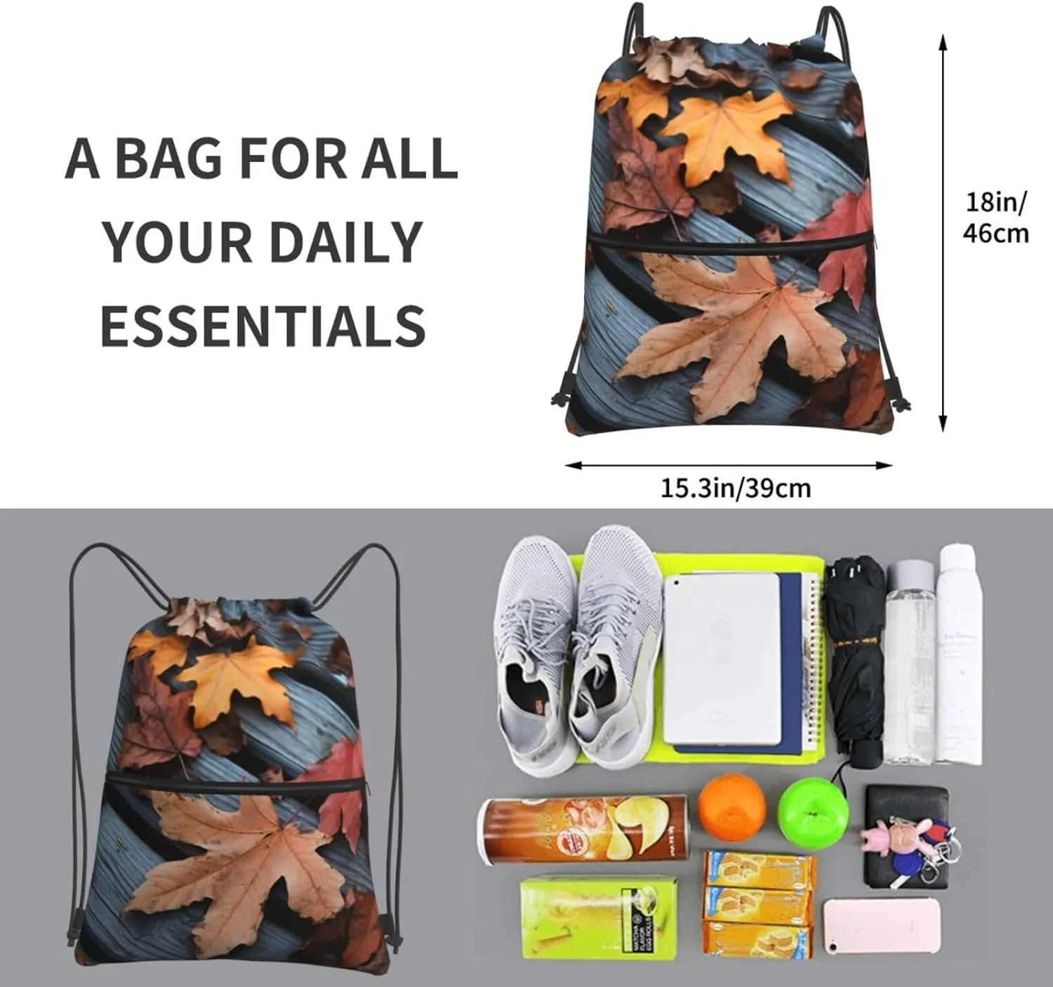Drawstring Backpack Resistant Sackpack Fall Leaves Wood Sports Gym Bag String Bag for Women Men