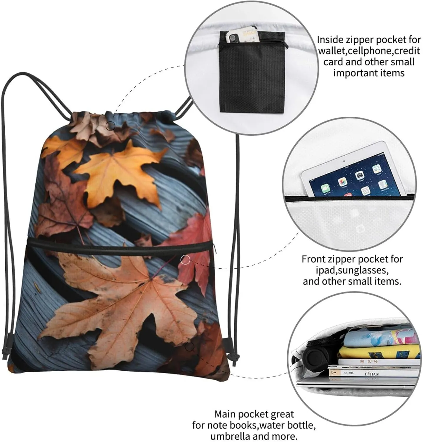 Drawstring Backpack Resistant Sackpack Fall Leaves Wood Sports Gym Bag String Bag for Women Men