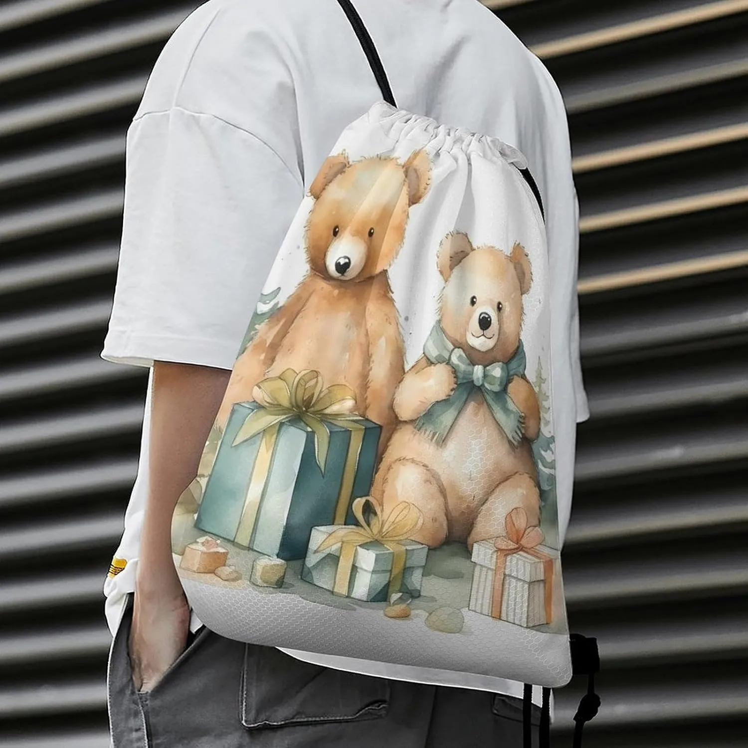 Drawstring Backpack Sport Gym Bag Water Resistant Sackpack Bear And Gift Cinch Bag String Bag for Outdoor, 35*42cm