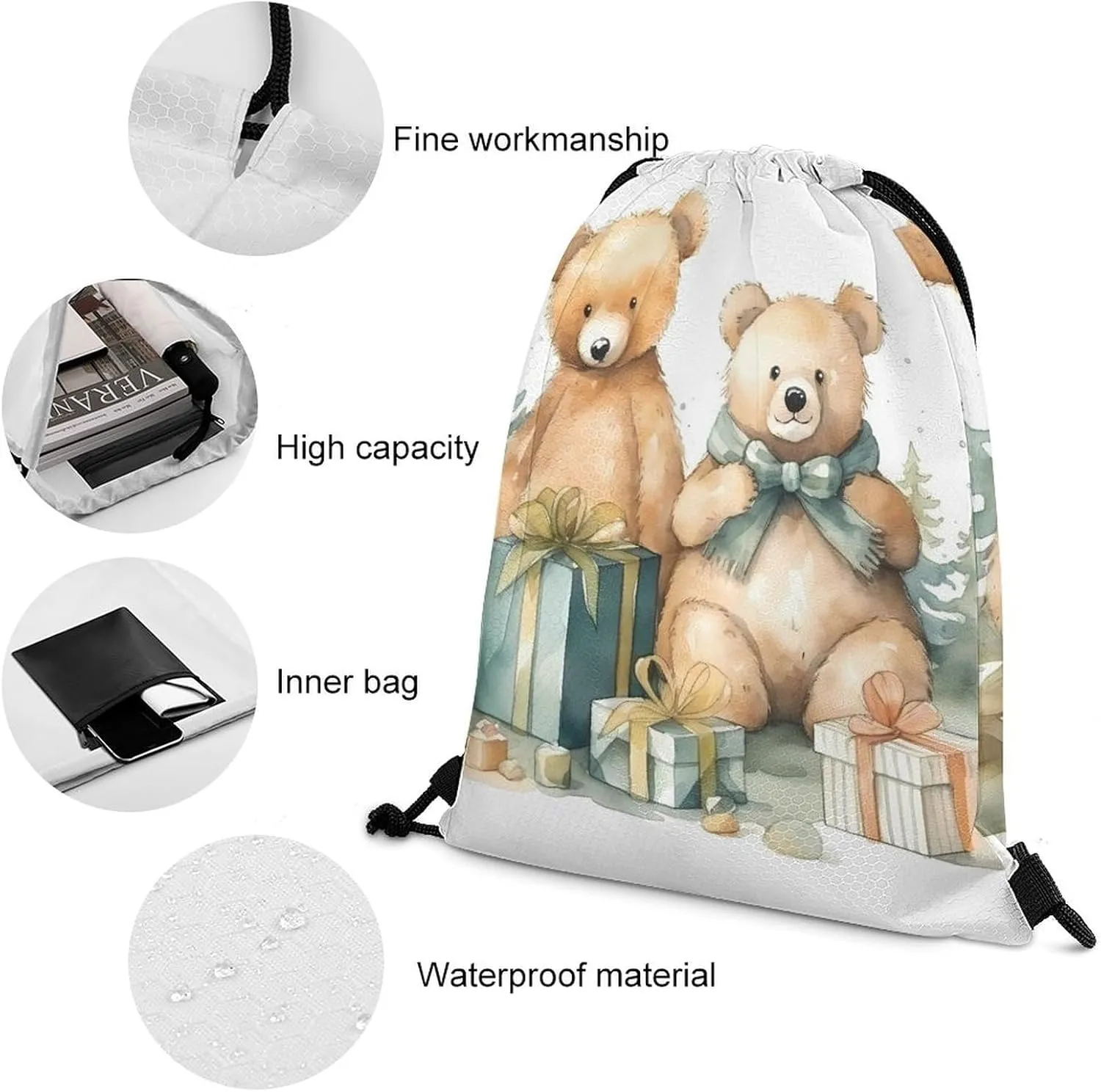 Drawstring Backpack Sport Gym Bag Water Resistant Sackpack Bear And Gift Cinch Bag String Bag for Outdoor, 35*42cm