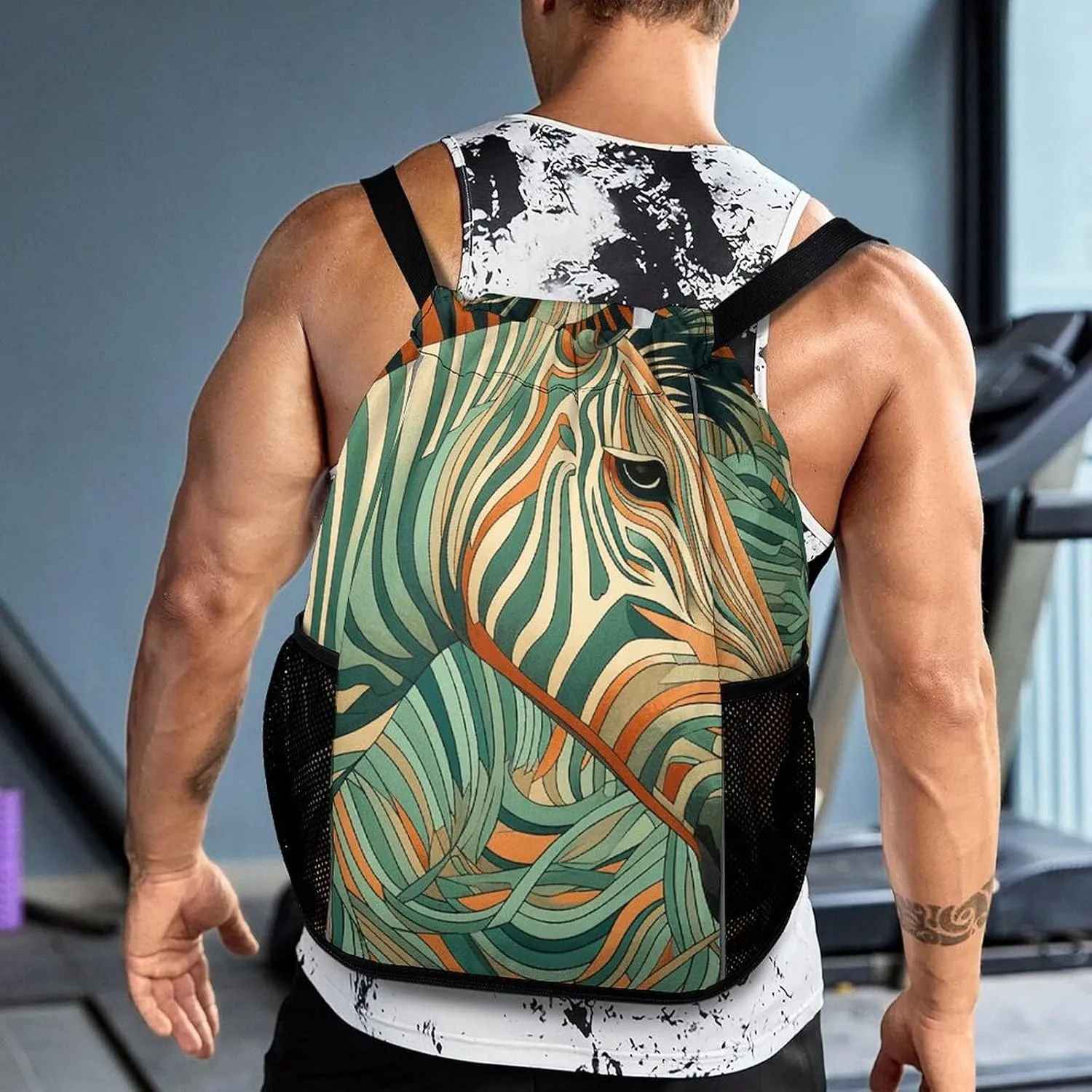 Drawstring Backpack Sports Gym Bag Resistant Sackpack Green Decorative Pattern String Bag for Women Men, 45.5x41.5x36cm