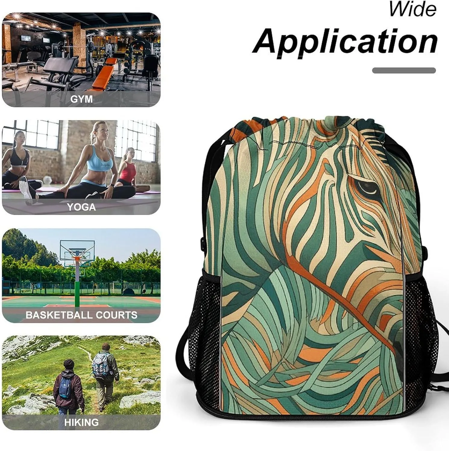 Drawstring Backpack Sports Gym Bag Resistant Sackpack Green Decorative Pattern String Bag for Women Men, 45.5x41.5x36cm
