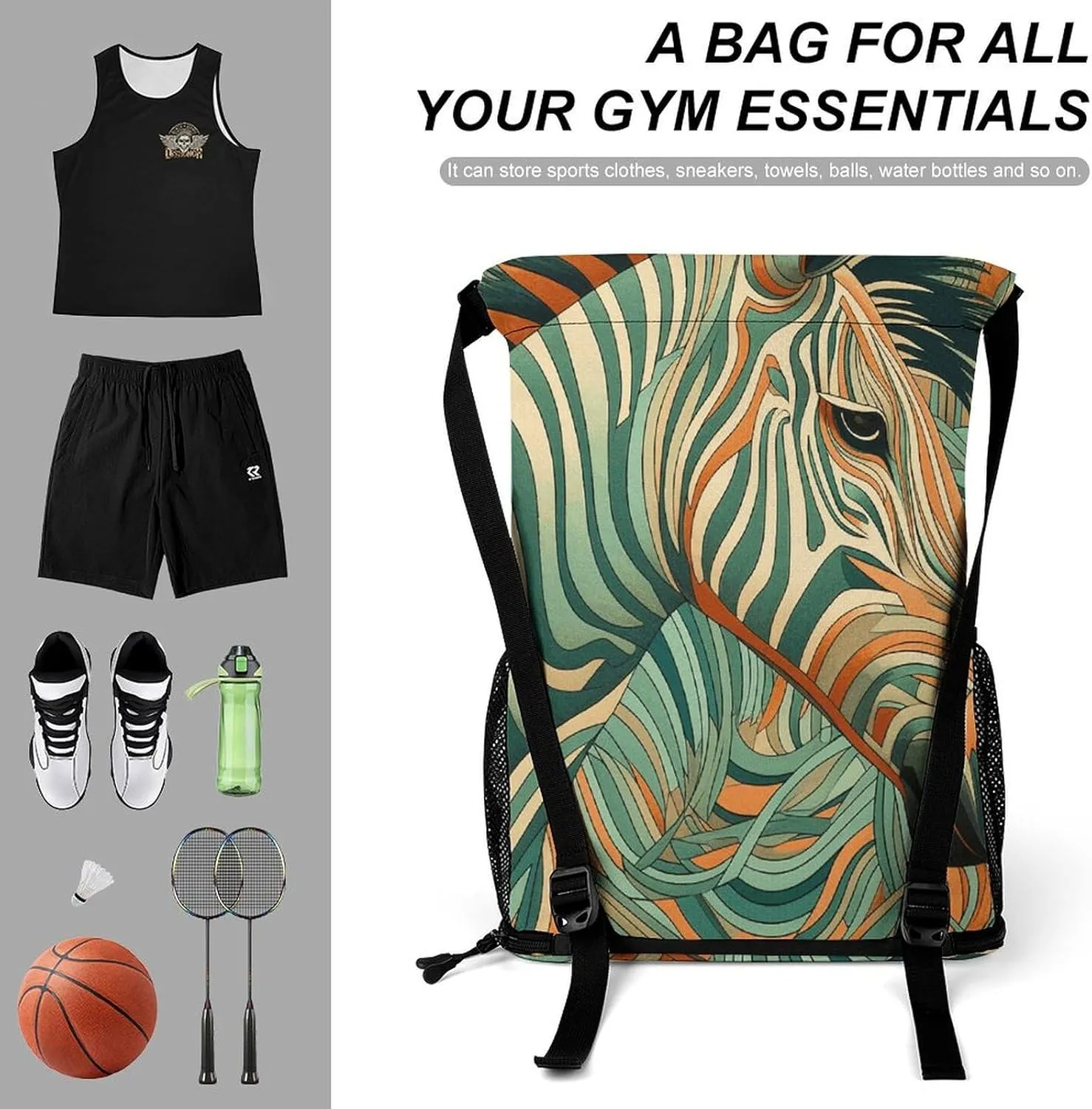 Drawstring Backpack Sports Gym Bag Resistant Sackpack Green Decorative Pattern String Bag for Women Men, 45.5x41.5x36cm