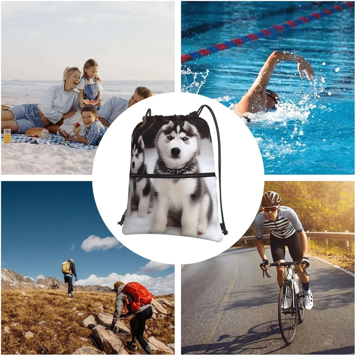 Drawstring Backpack Sports Gym Bags Adorable Huskies Drawstring Bags for Men Women Beach Bag String Bag
