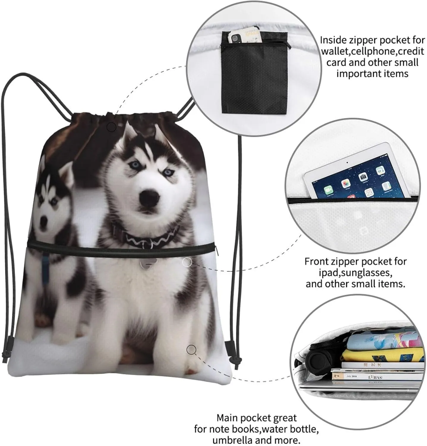 Drawstring Backpack Sports Gym Bags Adorable Huskies Drawstring Bags for Men Women Beach Bag String Bag