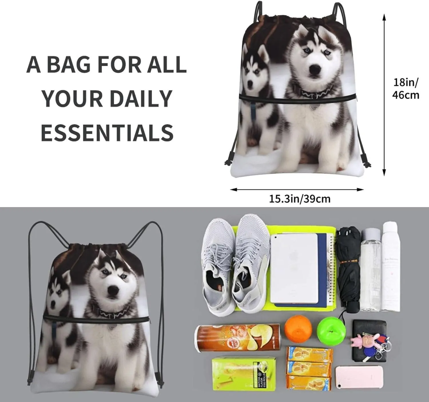Drawstring Backpack Sports Gym Bags Adorable Huskies Drawstring Bags for Men Women Beach Bag String Bag