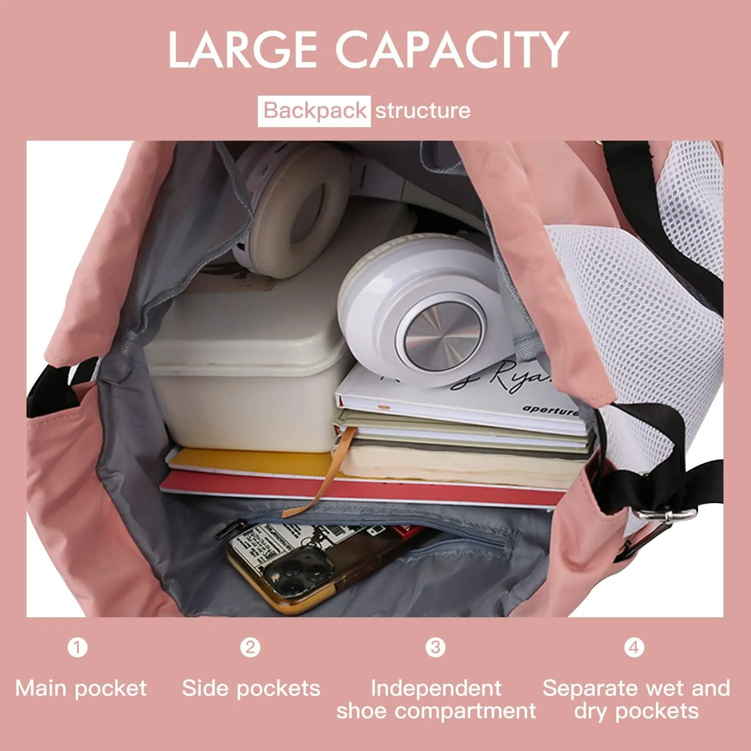 Drawstring Backpack Waterproof with Mesh Pockets String Bag Sackpack Nylon Gym Bag for Swim Sport Hiking Travel Beach,pink