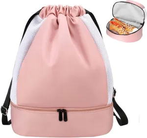 Drawstring Backpack Waterproof with Mesh Pockets String Bag Sackpack Nylon Gym Bag for Swim Sport Hiking Travel Beach,pink