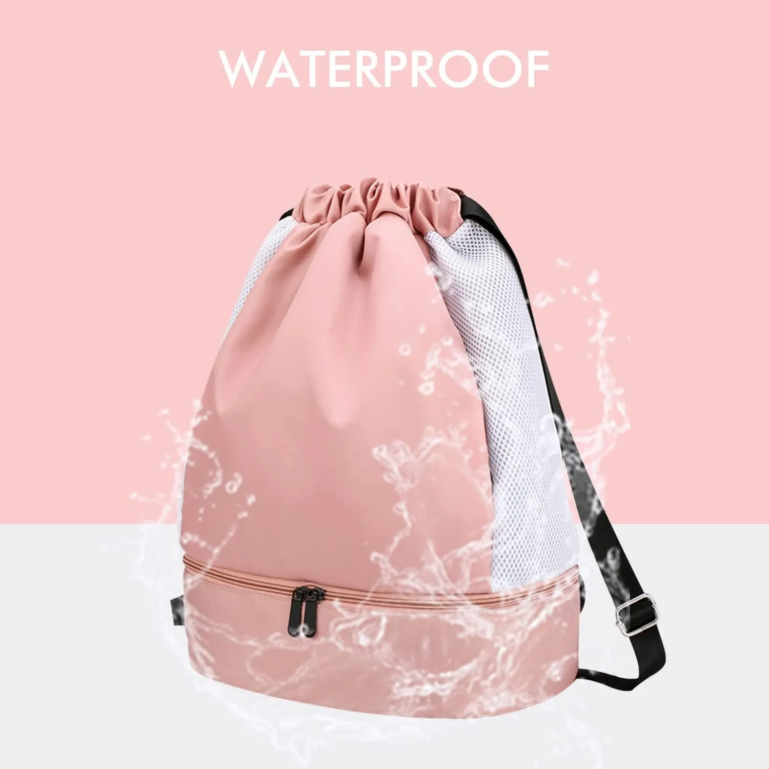 Drawstring Backpack Waterproof with Mesh Pockets String Bag Sackpack Nylon Gym Bag for Swim Sport Hiking Travel Beach,pink