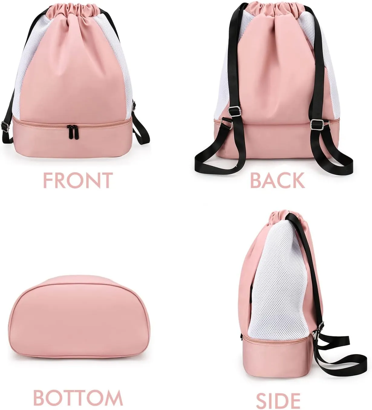 Drawstring Backpack Waterproof with Mesh Pockets String Bag Sackpack Nylon Gym Bag for Swim Sport Hiking Travel Beach,pink