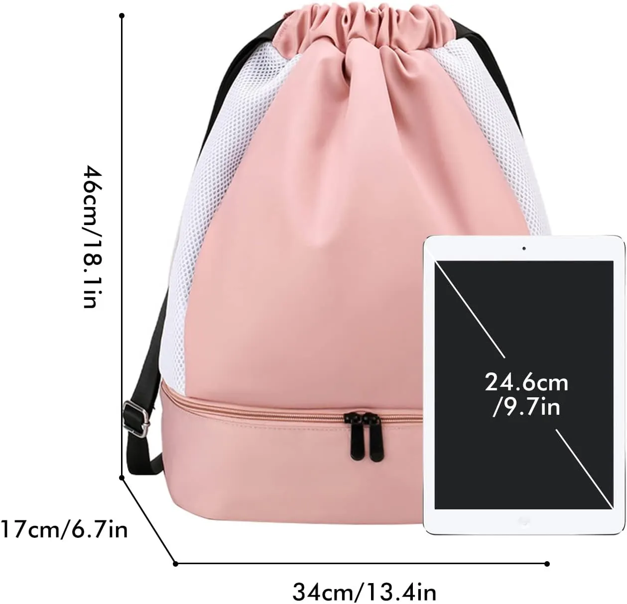 Drawstring Backpack Waterproof with Mesh Pockets String Bag Sackpack Nylon Gym Bag for Swim Sport Hiking Travel Beach,pink