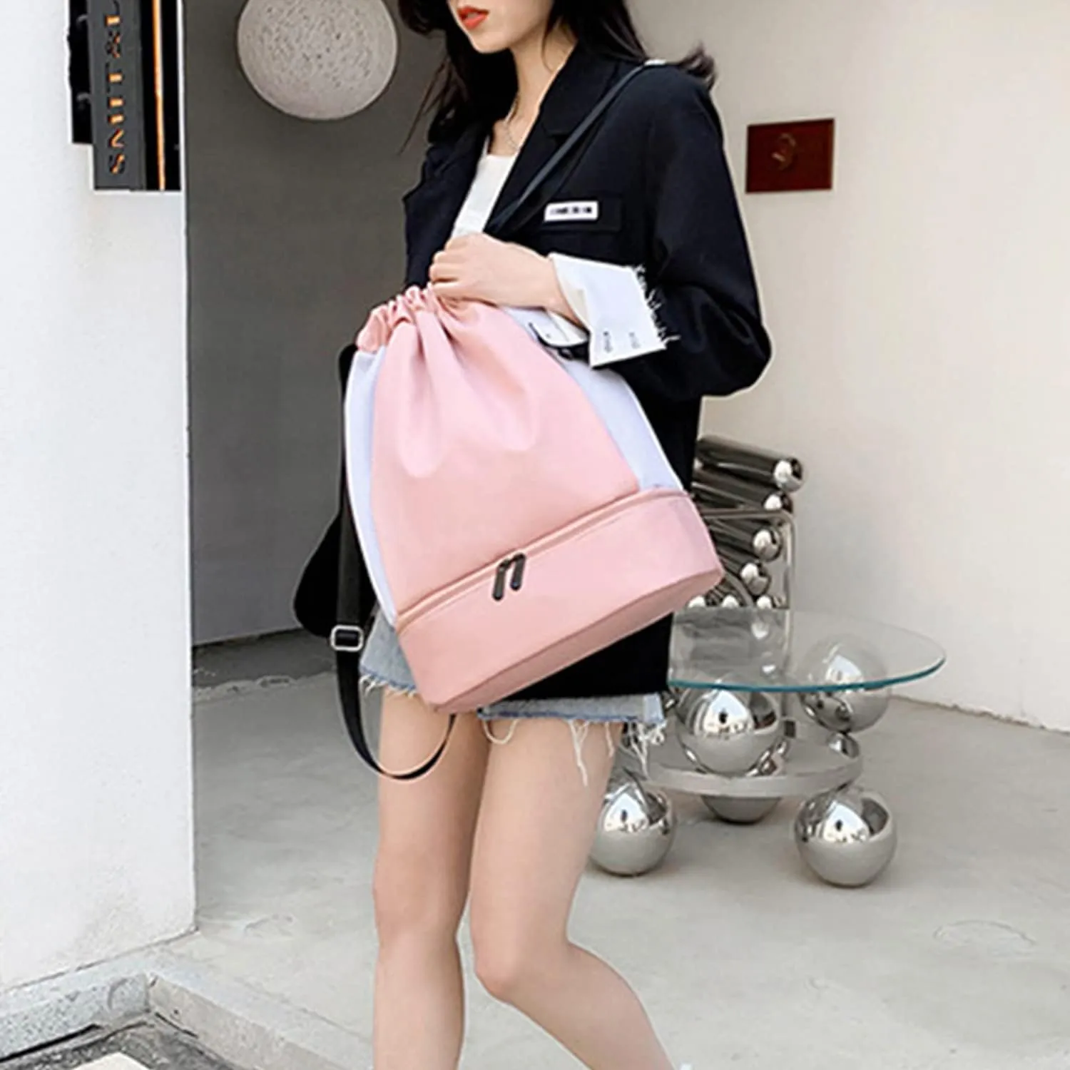 Drawstring Backpack Waterproof with Mesh Pockets String Bag Sackpack Nylon Gym Bag for Swim Sport Hiking Travel Beach,pink