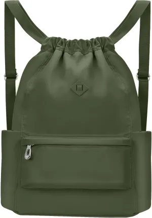 Drawstring Backpack with Wet Pocket Gym Backpack Water-Resistant Cinch String Bag Beach Swim for Women Men（Dark Green）