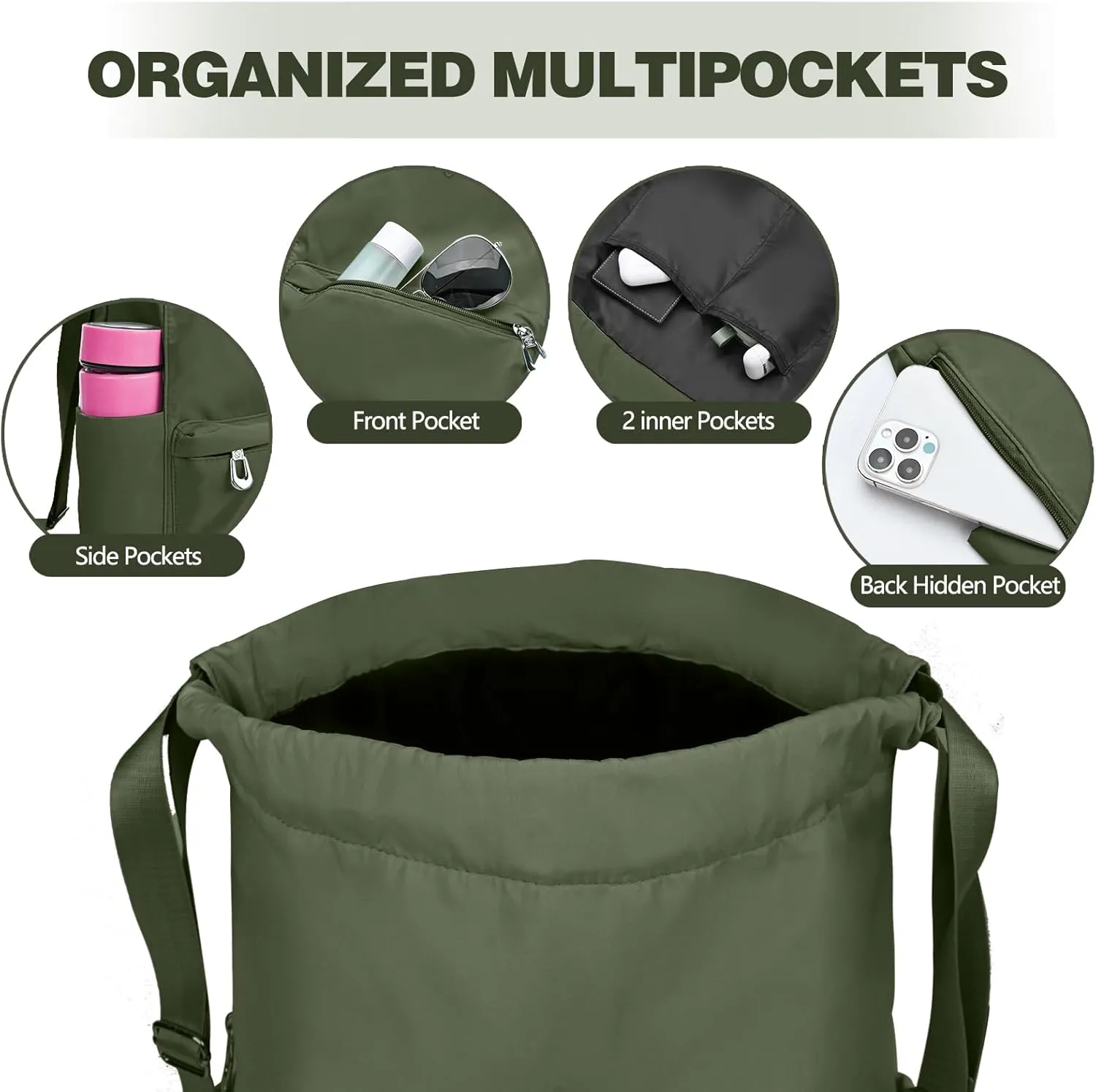 Drawstring Backpack with Wet Pocket Gym Backpack Water-Resistant Cinch String Bag Beach Swim for Women Men（Dark Green）
