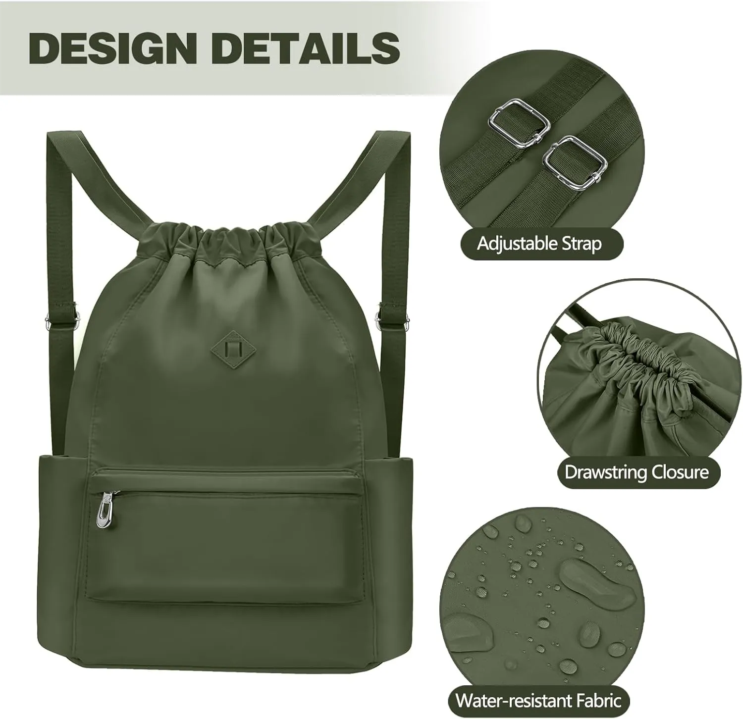 Drawstring Backpack with Wet Pocket Gym Backpack Water-Resistant Cinch String Bag Beach Swim for Women Men（Dark Green）