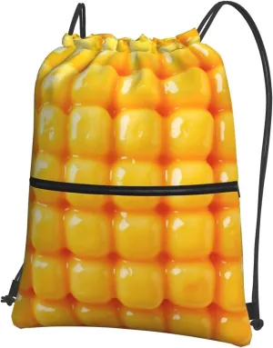 Drawstring Backpack with Zip Pockets, Golden Corn Kernels Print Lightweight string Bag Travel Gym Sack, Hiking, Yoga