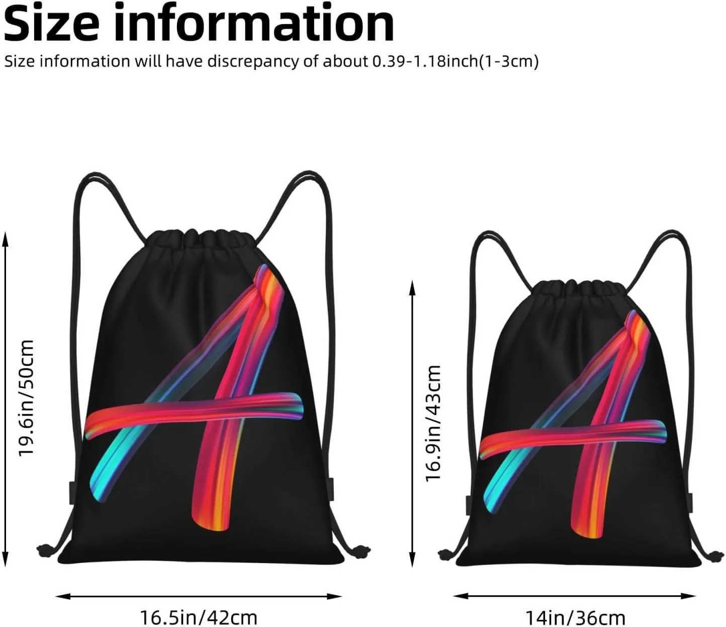 Drawstring Bags Initial Drawstring Backpack Sackpack Black Draw String Cinch Bags for Sports, Gym, Travel, Swimming, Beach, Camping, Rainbow Letter A