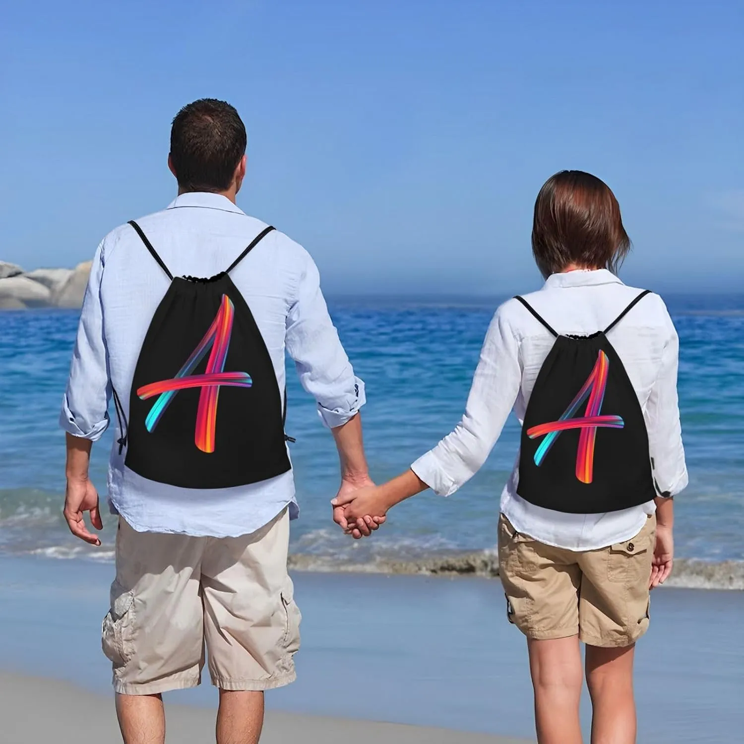 Drawstring Bags Initial Drawstring Backpack Sackpack Black Draw String Cinch Bags for Sports, Gym, Travel, Swimming, Beach, Camping, Rainbow Letter A