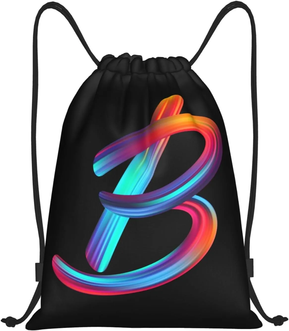 Drawstring Bags Initial Drawstring Backpack Sackpack Black Draw String Cinch Bags for Sports, Gym, Travel, Swimming, Beach, Camping, Rainbow Letter B