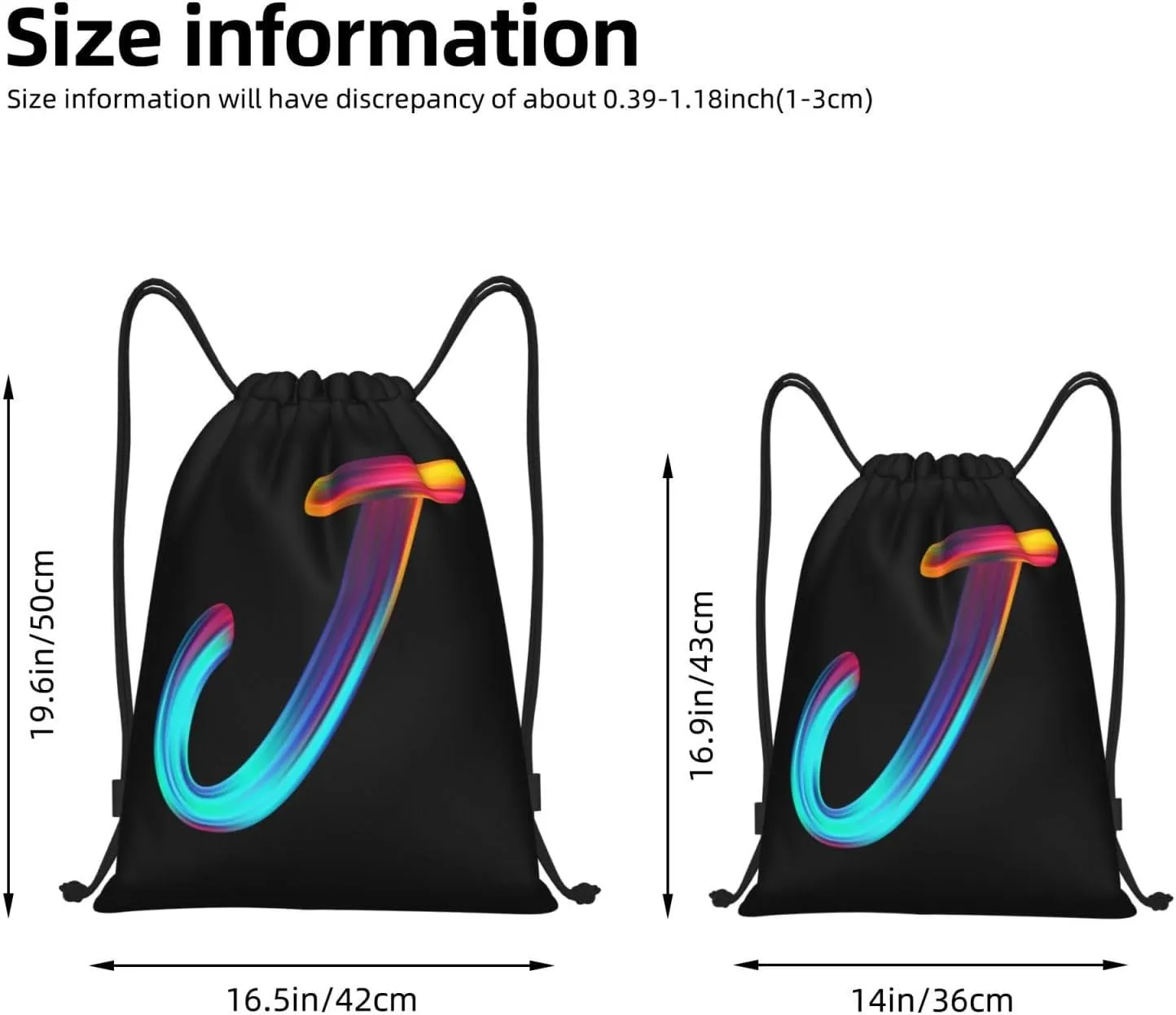 Drawstring Bags Initial Drawstring Backpack Sackpack Black Draw String Cinch Bags for Sports, Gym, Travel, Swimming, Beach, Camping, Rainbow Letter J
