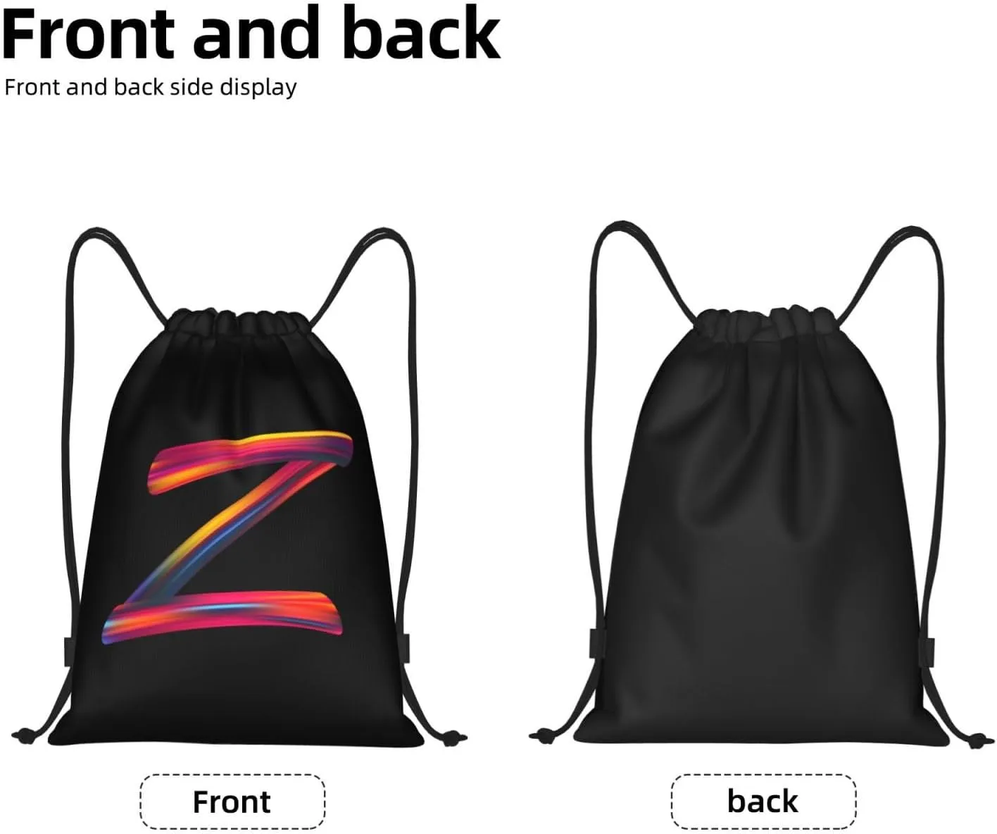 Drawstring Bags Initial Drawstring Backpack Sackpack Black Draw String Cinch Bags for Sports, Gym, Travel, Swimming, Beach, Camping, Rainbow Letter Z