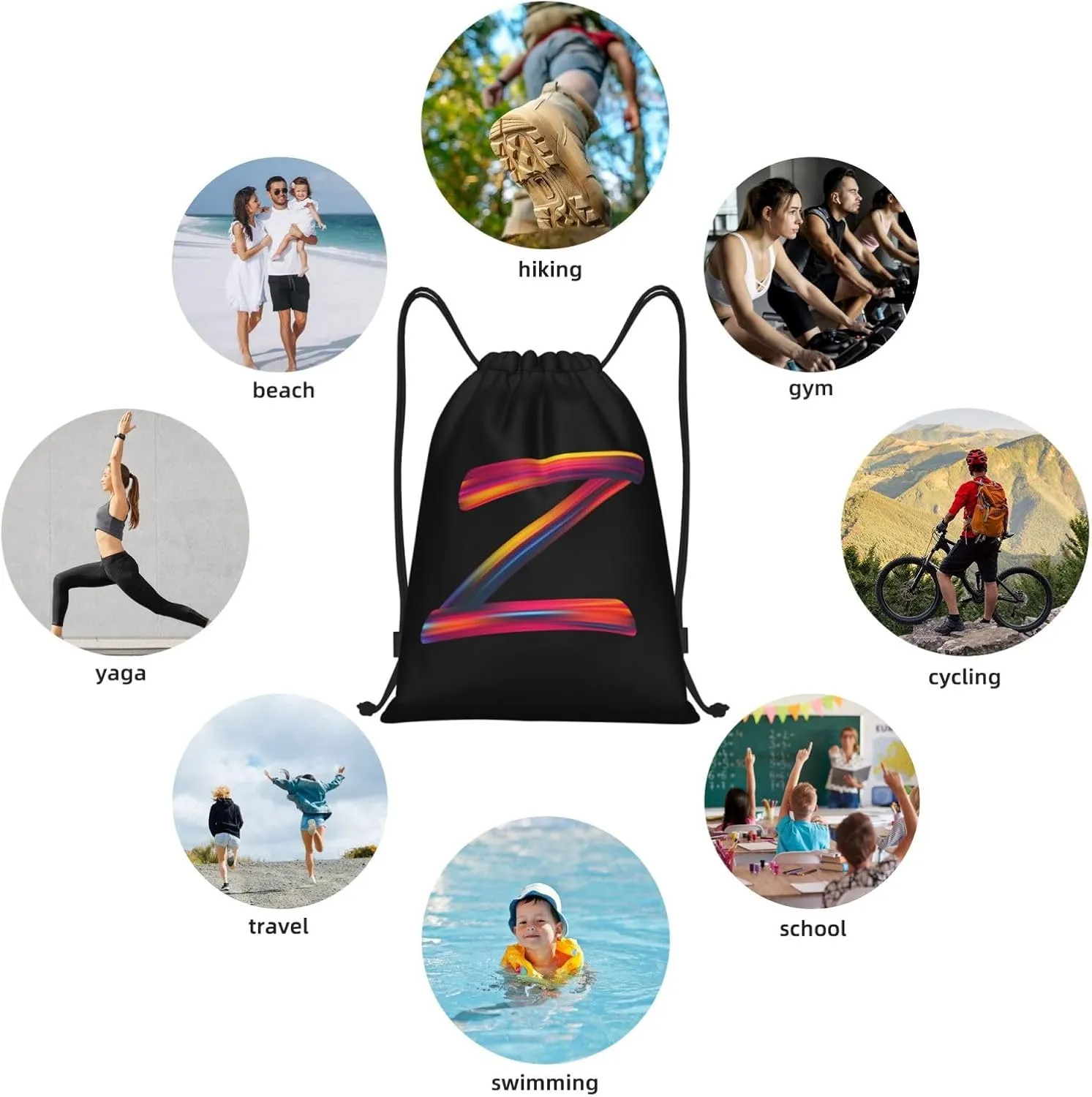 Drawstring Bags Initial Drawstring Backpack Sackpack Black Draw String Cinch Bags for Sports, Gym, Travel, Swimming, Beach, Camping, Rainbow Letter Z
