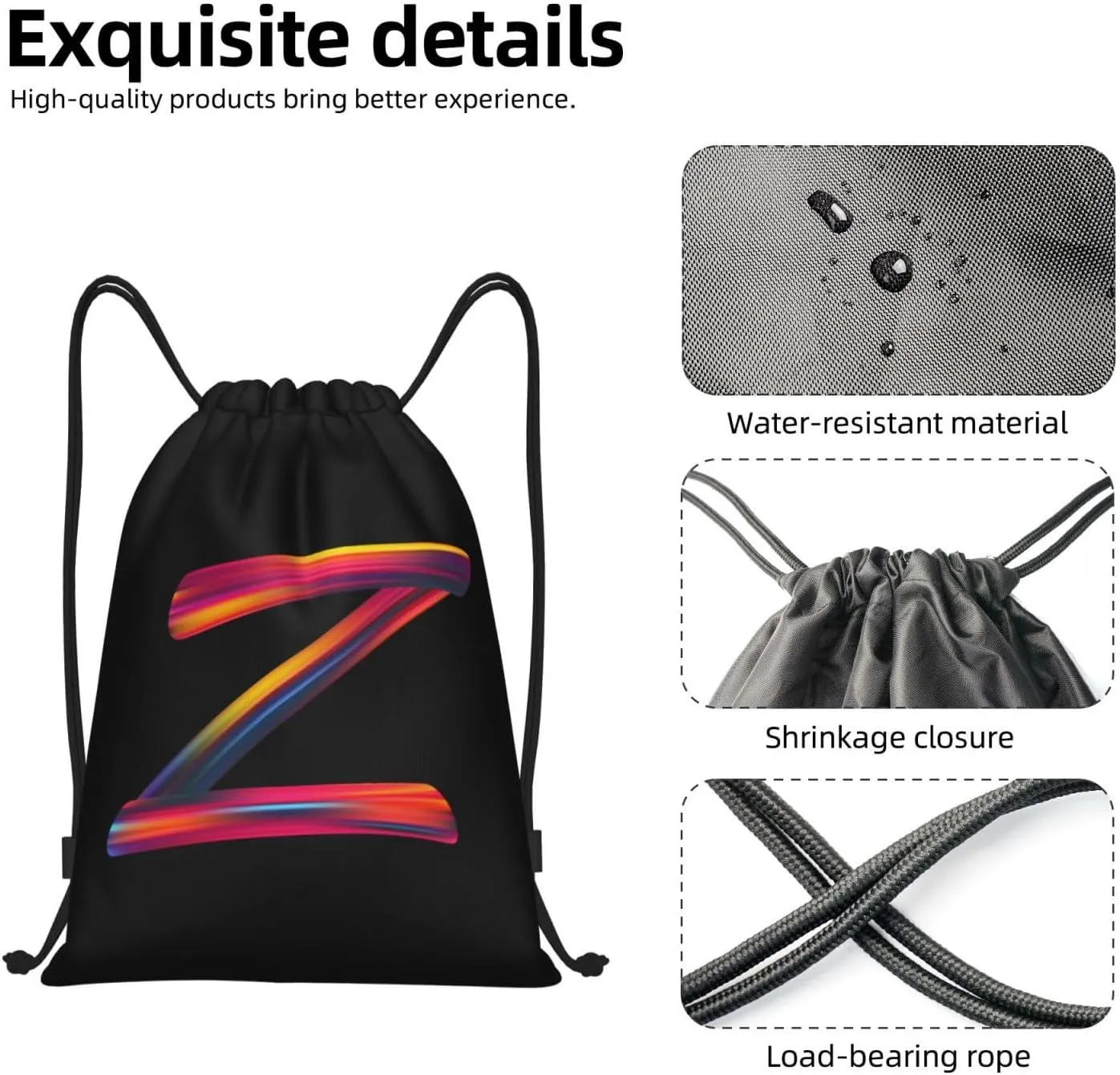 Drawstring Bags Initial Drawstring Backpack Sackpack Black Draw String Cinch Bags for Sports, Gym, Travel, Swimming, Beach, Camping, Rainbow Letter Z