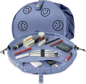 Drawstring Makeup Bag Open Lay Flat,Large Capacity Cosmetic Bag For Women Purse With Compartments,Travel Toiletry Bag Accessories Organize (blue)