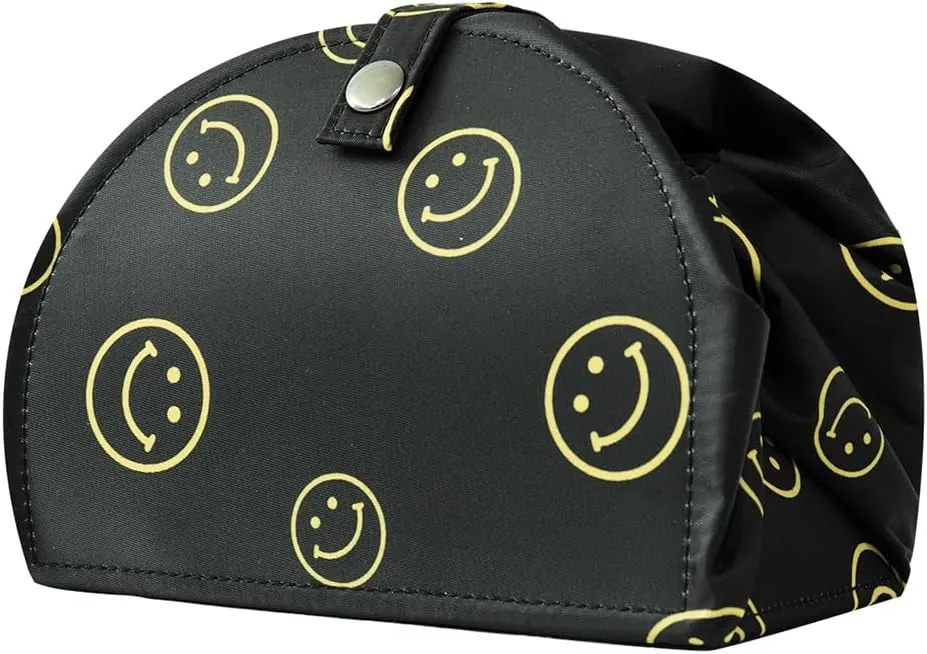 Drawstring Makeup Bag Open Lay Flat,Large Capacity Cosmetic Bag For Women Purse With Compartments,Travel Toiletry Bag Accessories Organize (Green) (black)