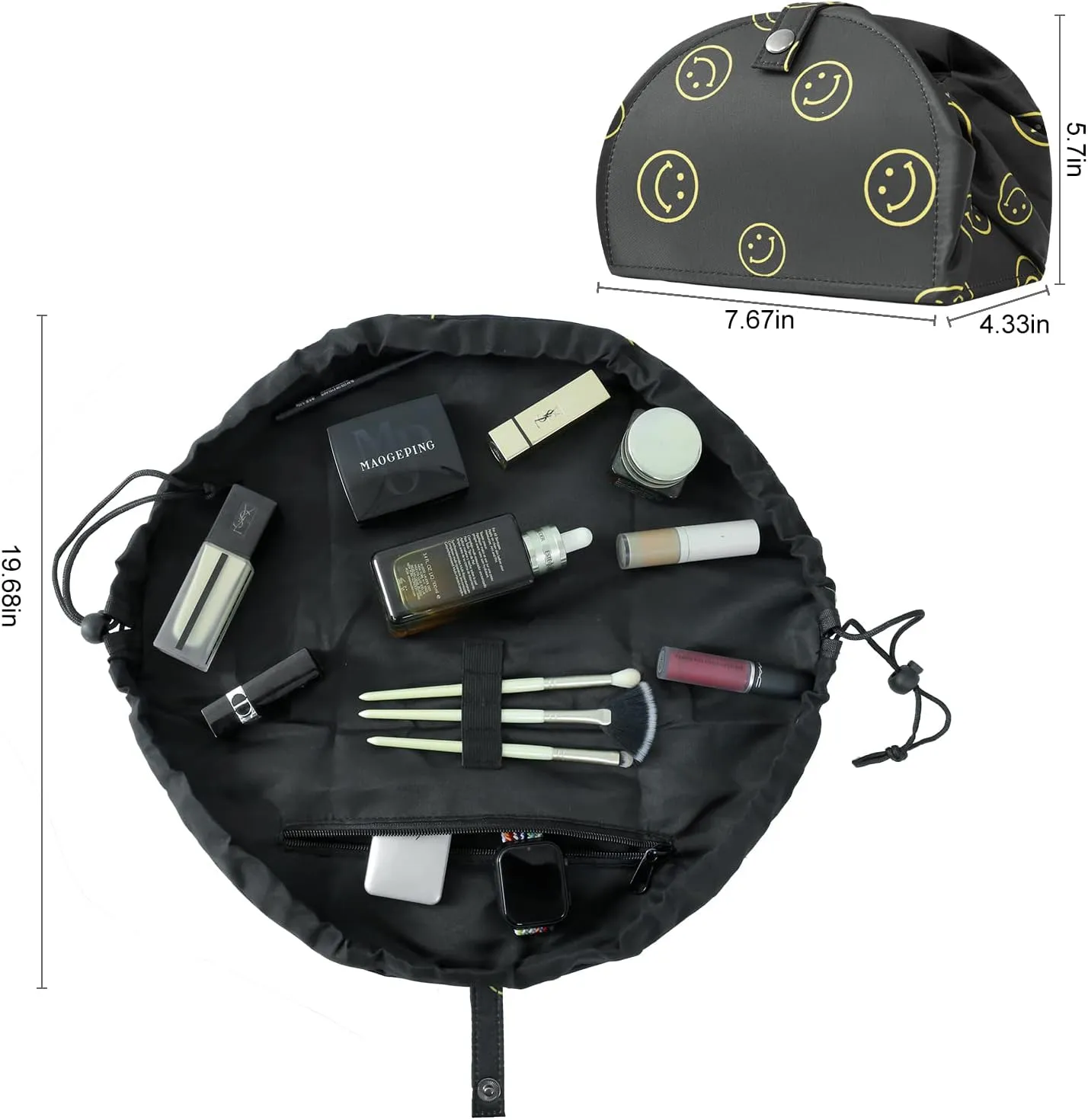Drawstring Makeup Bag Open Lay Flat,Large Capacity Cosmetic Bag For Women Purse With Compartments,Travel Toiletry Bag Accessories Organize (Green) (black)