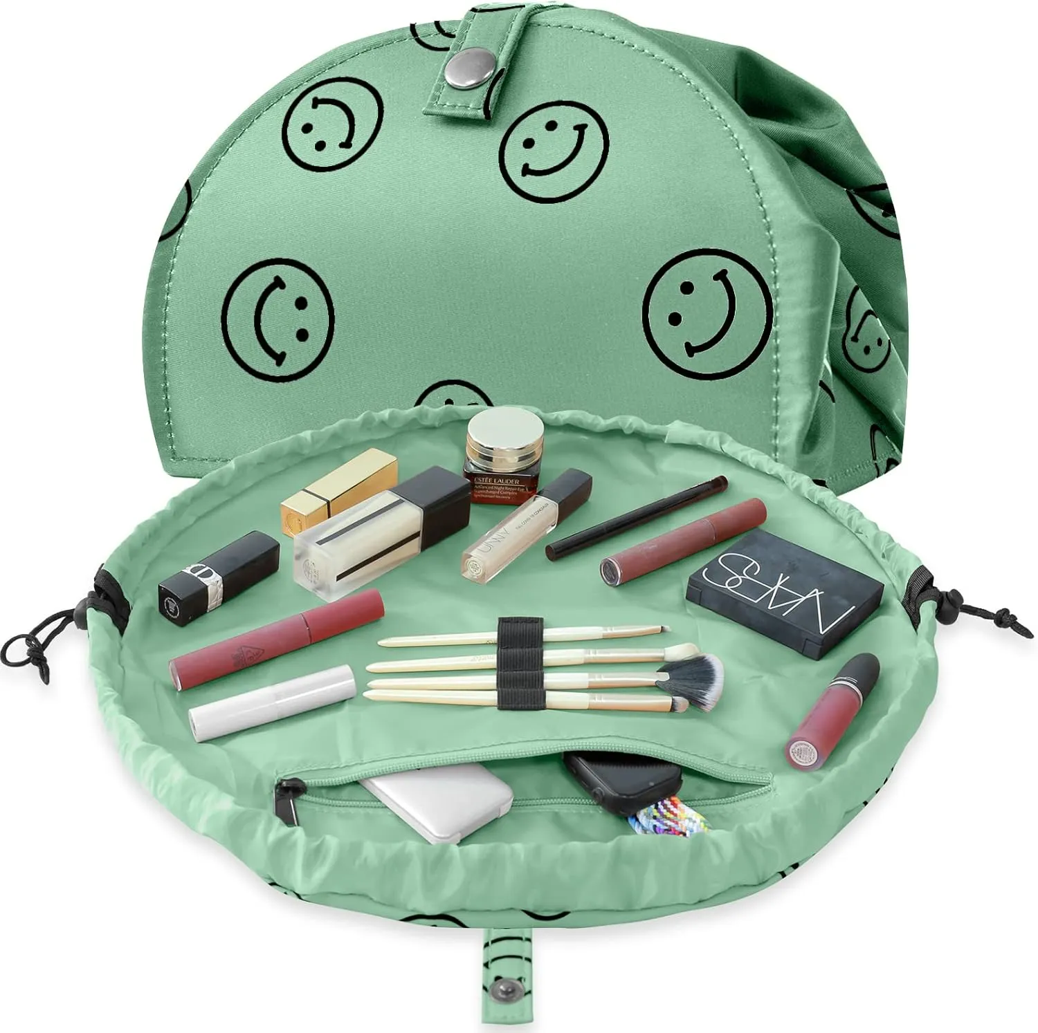 Drawstring Makeup Bag Open Lay Flat,Large Capacity Cosmetic Bag For Women Purse With Compartments,Travel Toiletry Bag Accessories Organize (Green) (green)