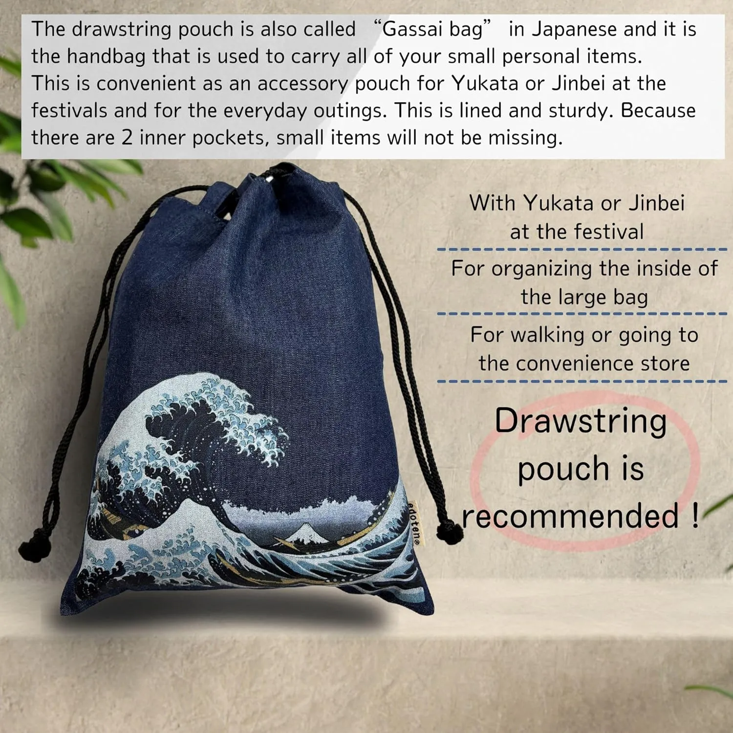 Drawstring pouch Cloth bag Cotton 100% 4.5 oz Inner pocket Men's Ladies'