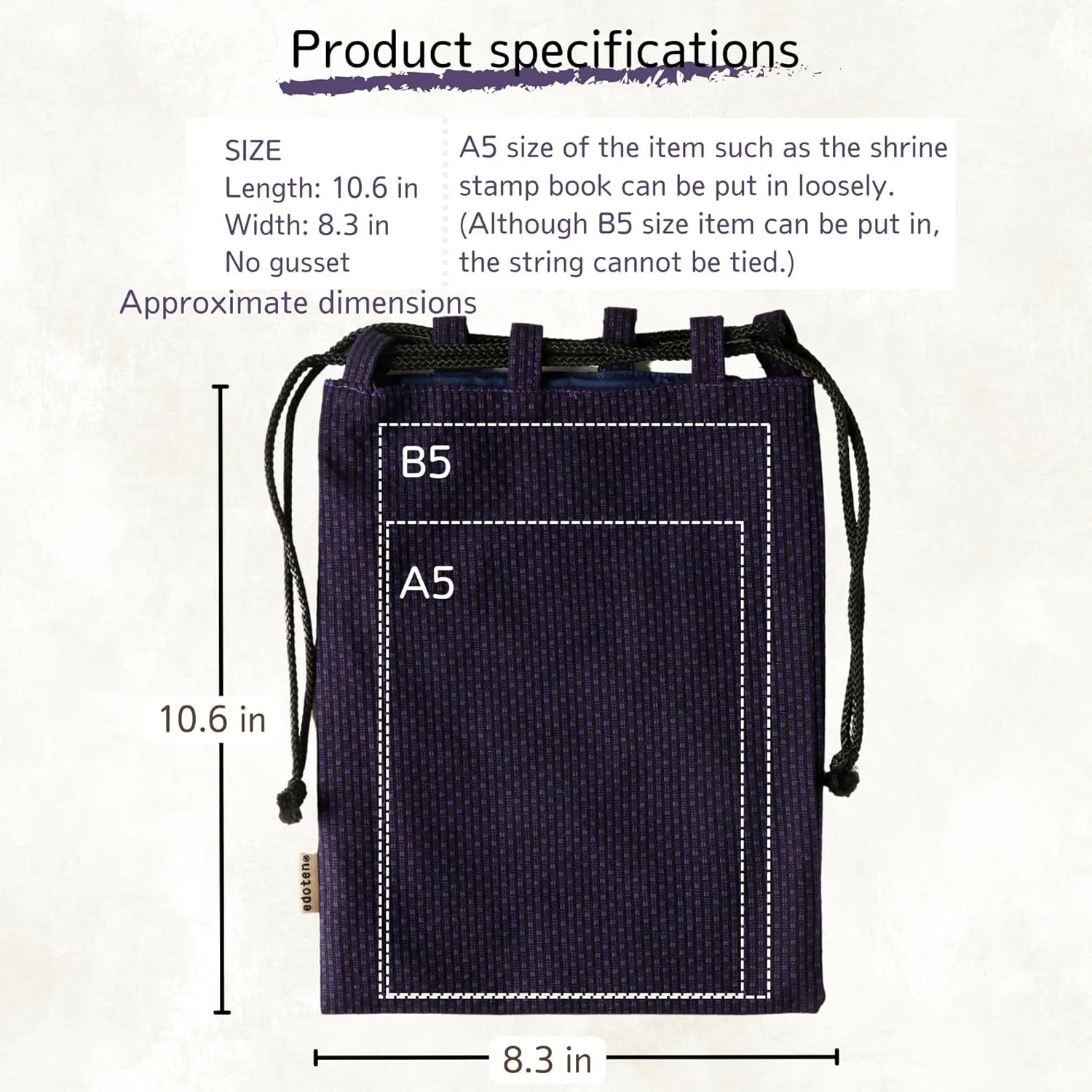 drawstring pouch cloth bag cotton 100% Sashiko fabric shrine stamp book bag inner pocket men's ladies'