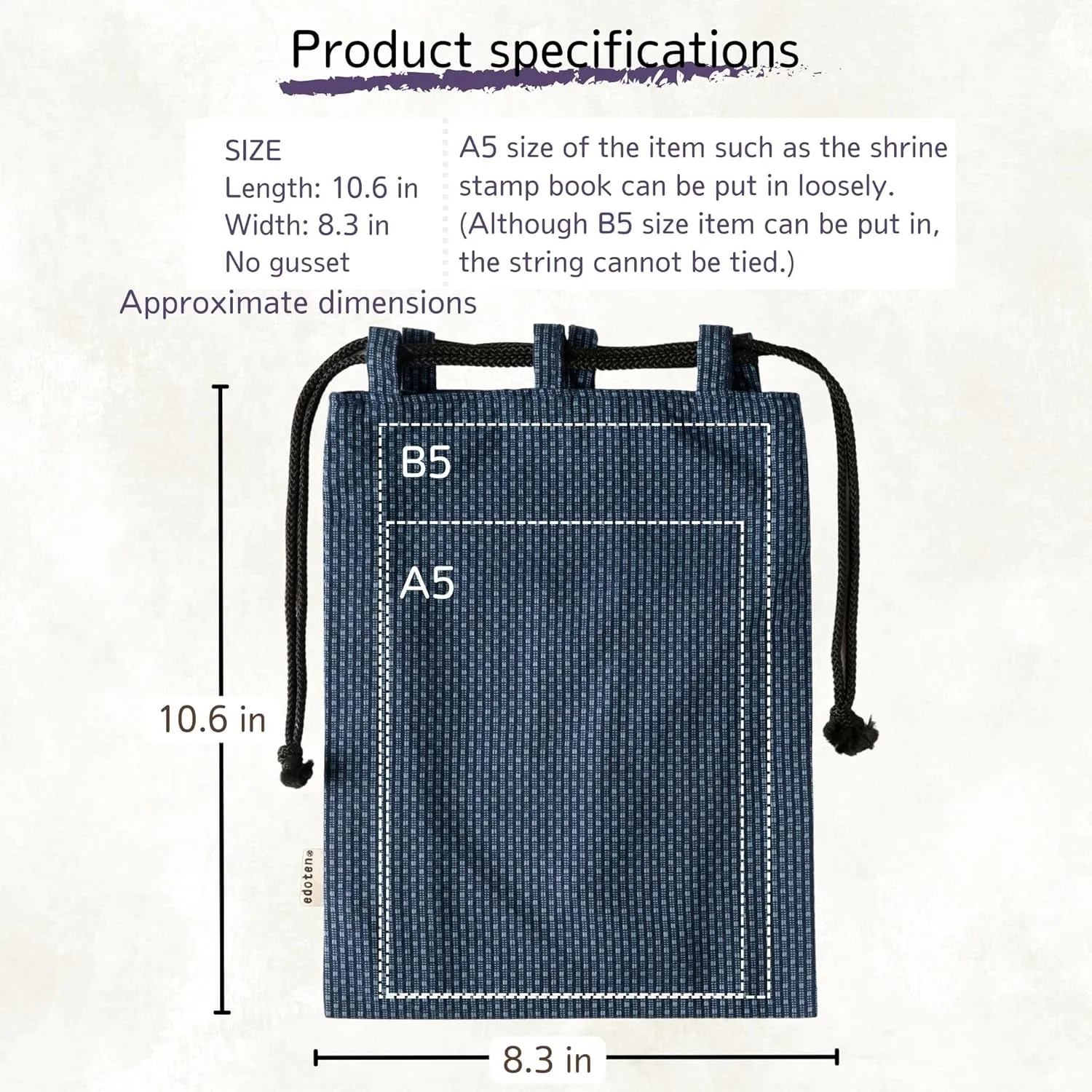 drawstring pouch cloth bag cotton 100% Sashiko fabric shrine stamp book bag inner pocket men's ladies'