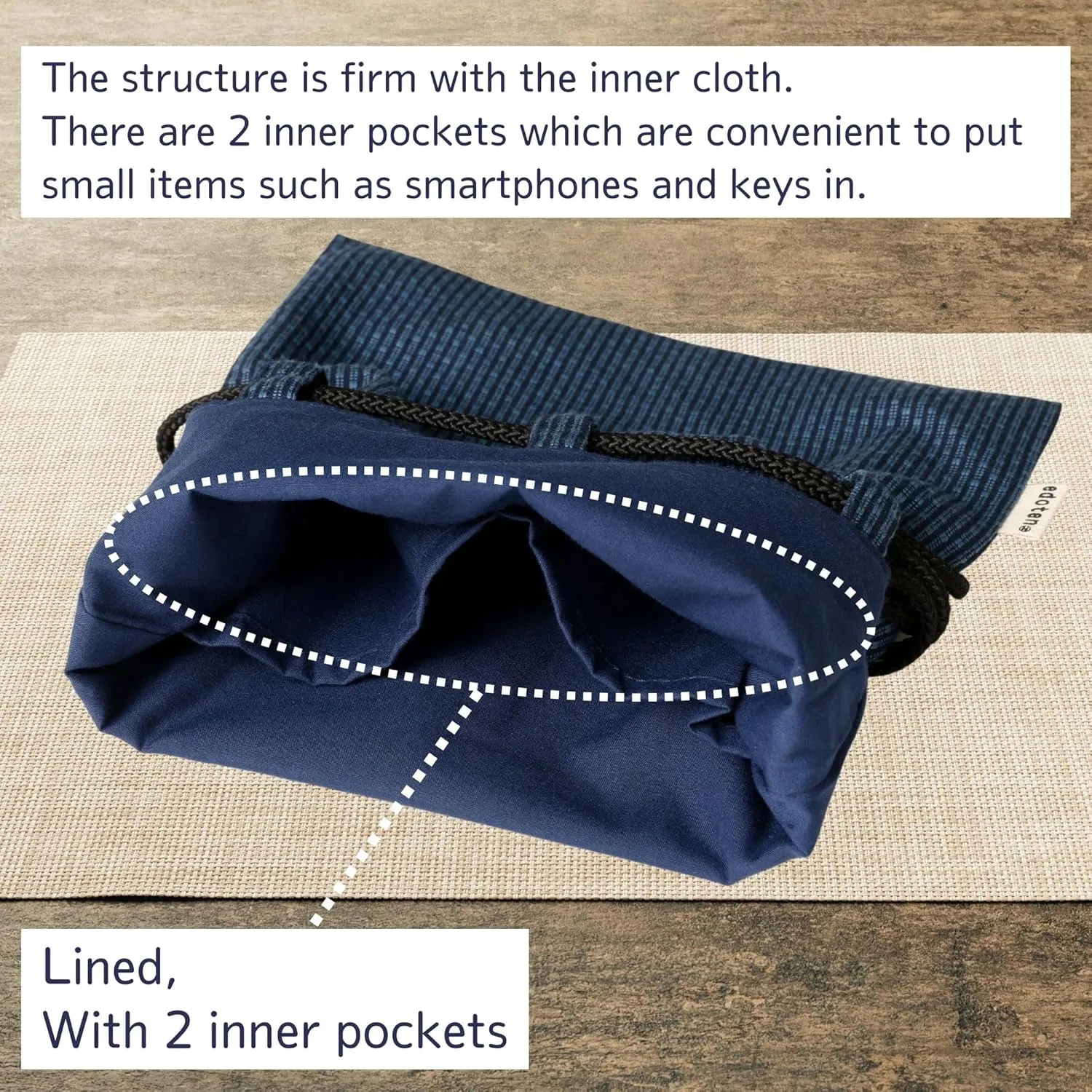 drawstring pouch cloth bag cotton 100% Sashiko fabric shrine stamp book bag inner pocket men's ladies'