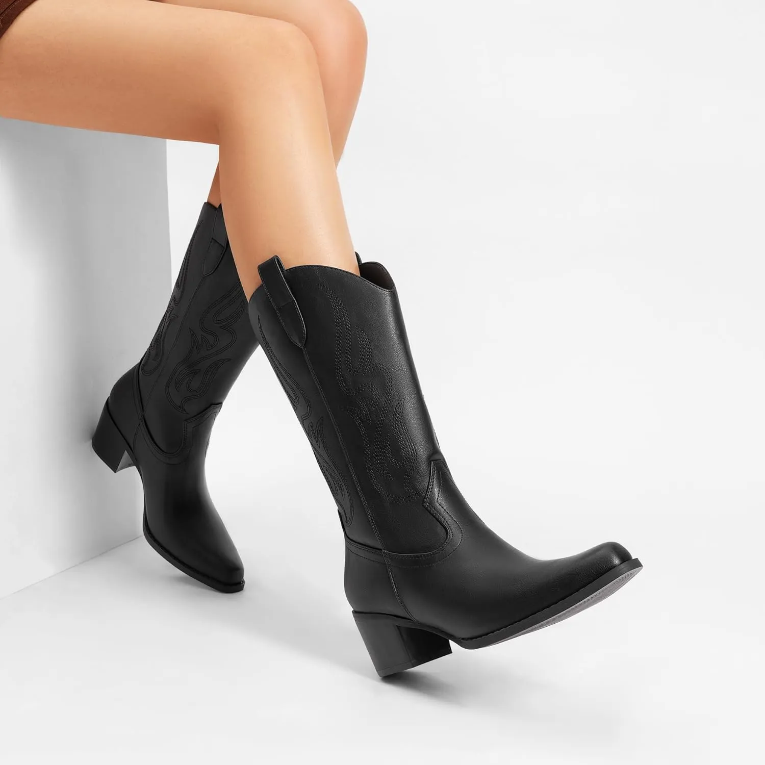 DREAM PAIRS Women's Square Toe Cowboy Cowgirl Boots Embroidered Mid Calf Western Boots Fashion Dress Low Chunky Heel Boots for Theme Party Country Concert