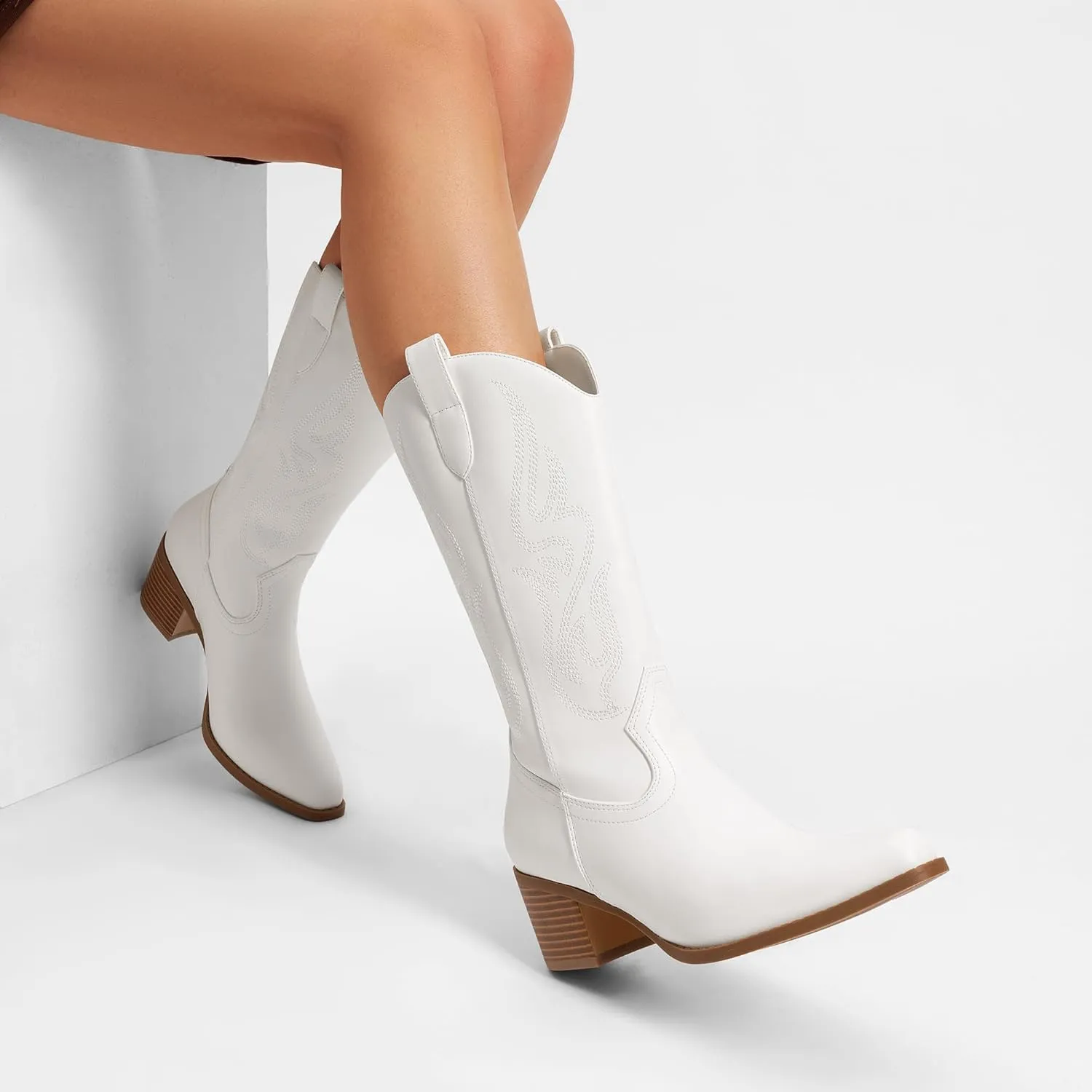 DREAM PAIRS Women's Square Toe Cowboy Cowgirl Boots Embroidered Mid Calf Western Boots Fashion Dress Low Chunky Heel Boots for Theme Party Country Concert
