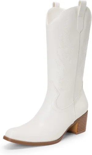DREAM PAIRS Women's Square Toe Cowboy Cowgirl Boots Embroidered Mid Calf Western Boots Fashion Dress Low Chunky Heel Boots for Theme Party Country Concert