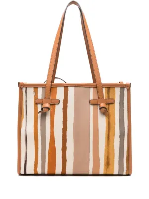 Earthy Stripe Tote Bag With Leather Handles