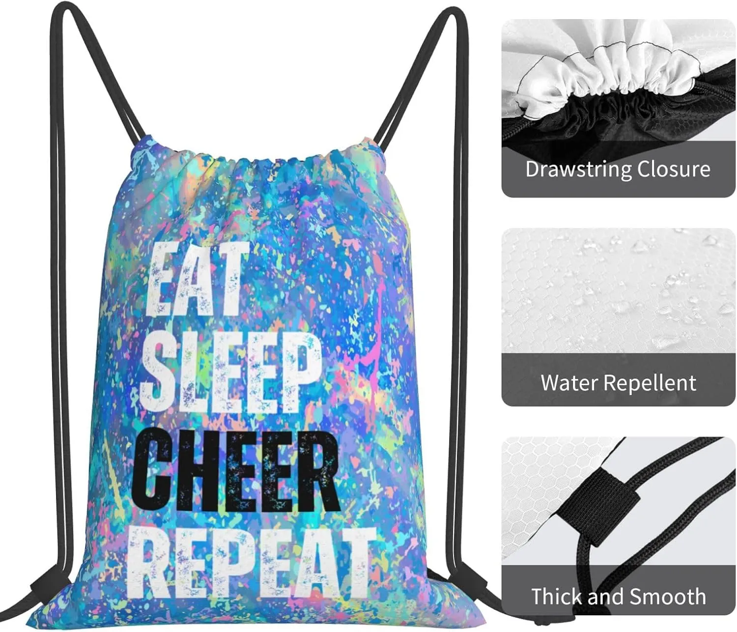 Eat Sleep Cheer Repeat Drawstring Backpack Gym String Bag Sports Drawstring Sackpack For Women Men