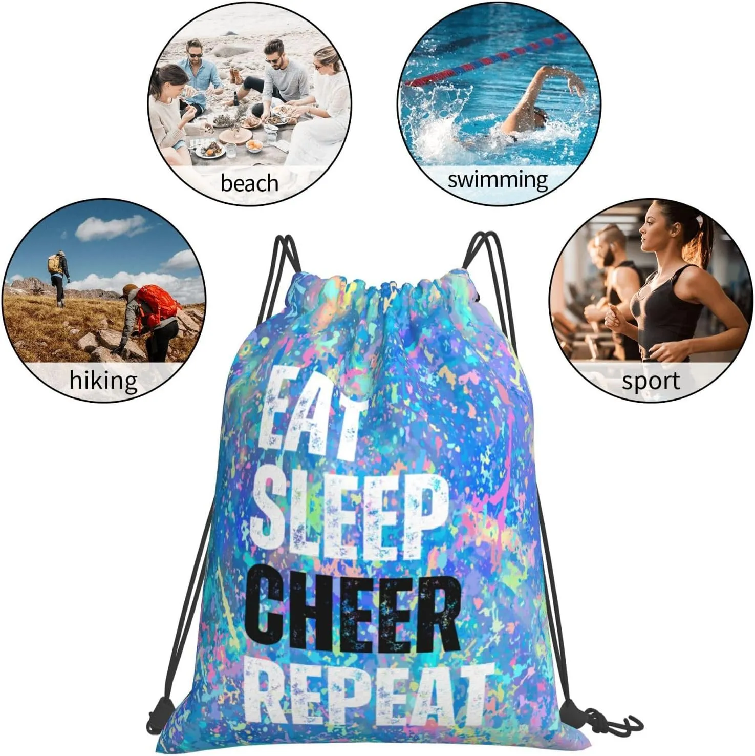 Eat Sleep Cheer Repeat Drawstring Backpack Gym String Bag Sports Drawstring Sackpack For Women Men