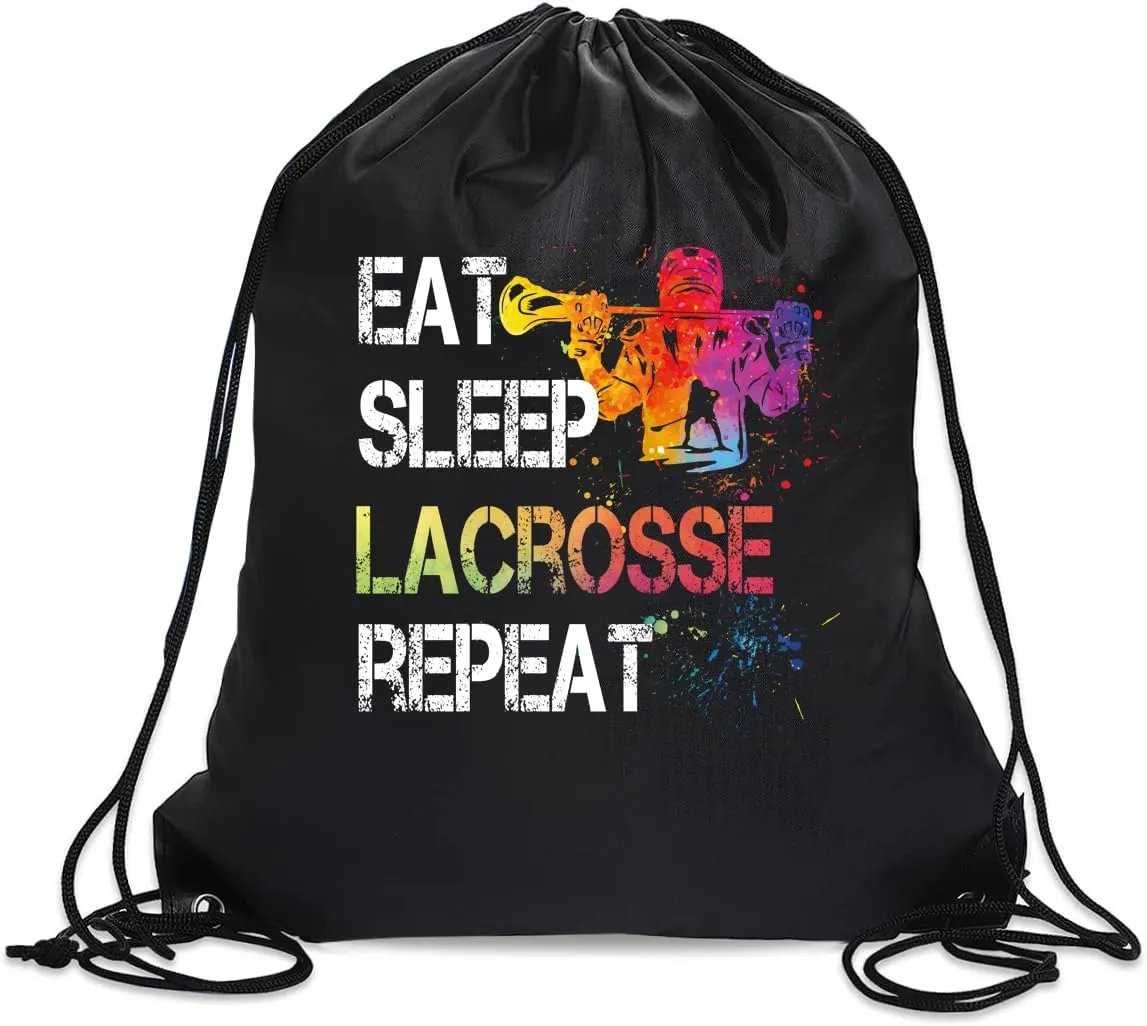 Eat Sleep Lacrosse Repeat Drawstring Backpack For Men Women, Waterproof Sport Sackpack For Lacrosse Lover Lacrosse Fan, Funny Birthday Christmas String Gym Bag Gifts For Her Him
