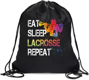 Eat Sleep Lacrosse Repeat Drawstring Backpack For Men Women, Waterproof Sport Sackpack For Lacrosse Lover Lacrosse Fan, Funny Birthday Christmas String Gym Bag Gifts For Her Him