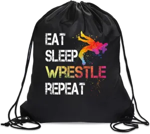 Eat Sleep Wrestle Repeat Drawstring Backpack For Men Women, Waterproof Sport Sackpack For Wrestle Lover Wrestle Fan, Funny Birthday Christmas String Gym Bag Gifts For Her Him, Black, OYB029