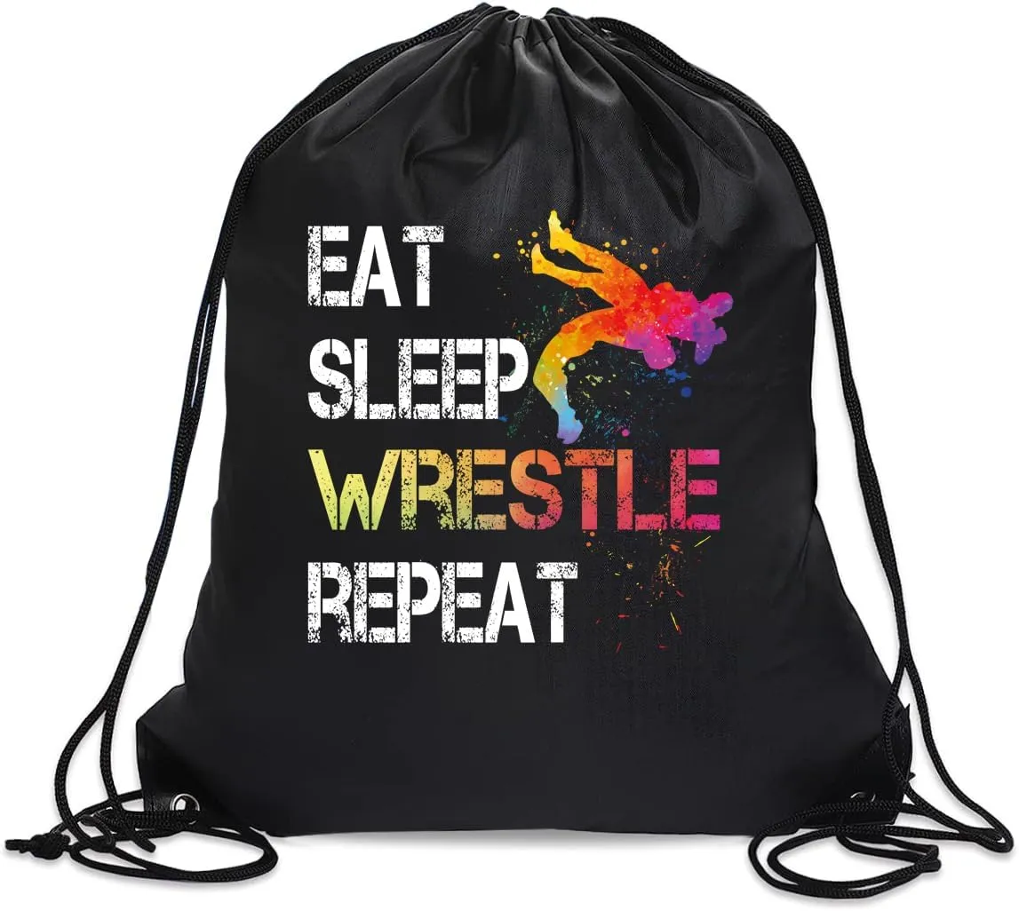 Eat Sleep Wrestle Repeat Drawstring Backpack For Men Women, Waterproof Sport Sackpack For Wrestle Lover Wrestle Fan, Funny Birthday Christmas String Gym Bag Gifts For Her Him, Black, OYB029