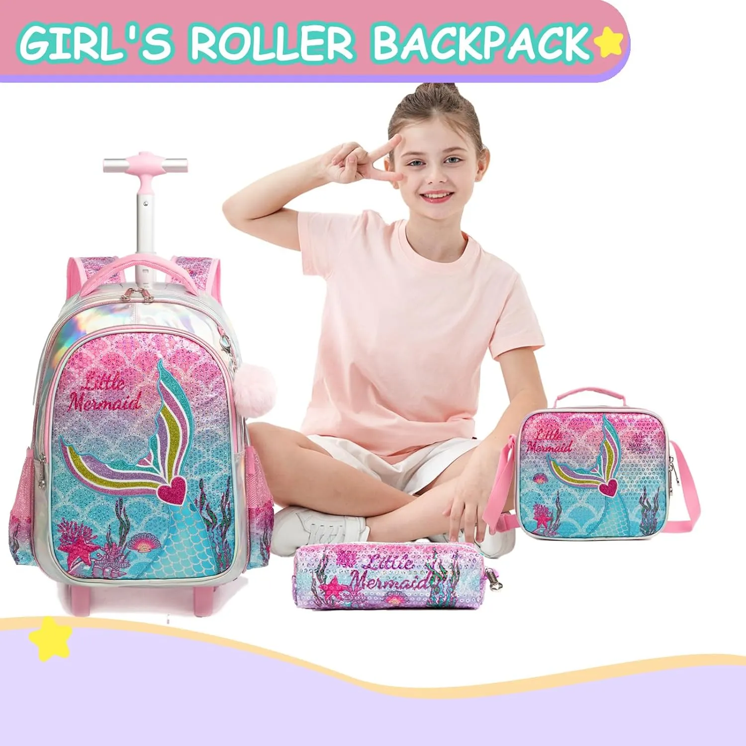Egchescebo Kids Rolling Backpack for Girls With Wheels School Bags Elementary (5315-meirenyu-Rose)