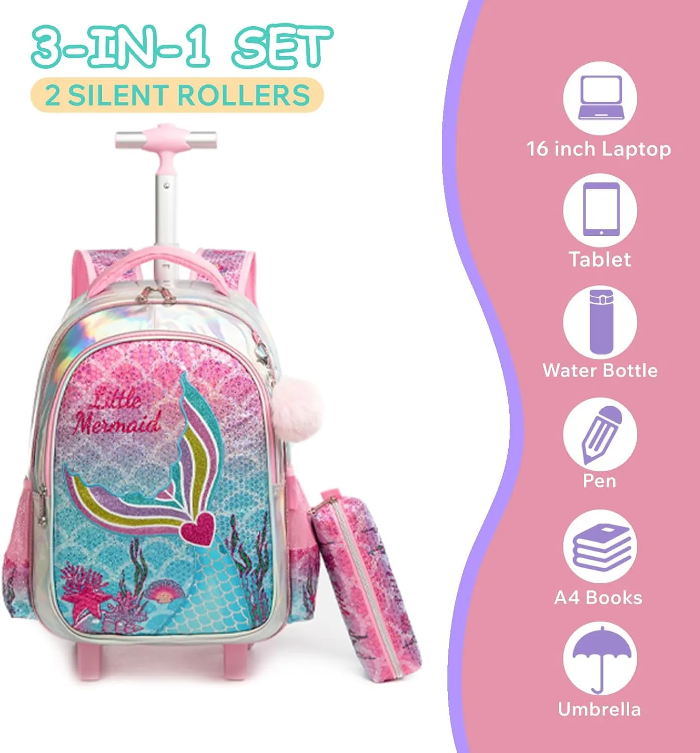 Egchescebo Kids Rolling Backpack for Girls With Wheels School Bags Elementary (5315-meirenyu-Rose)