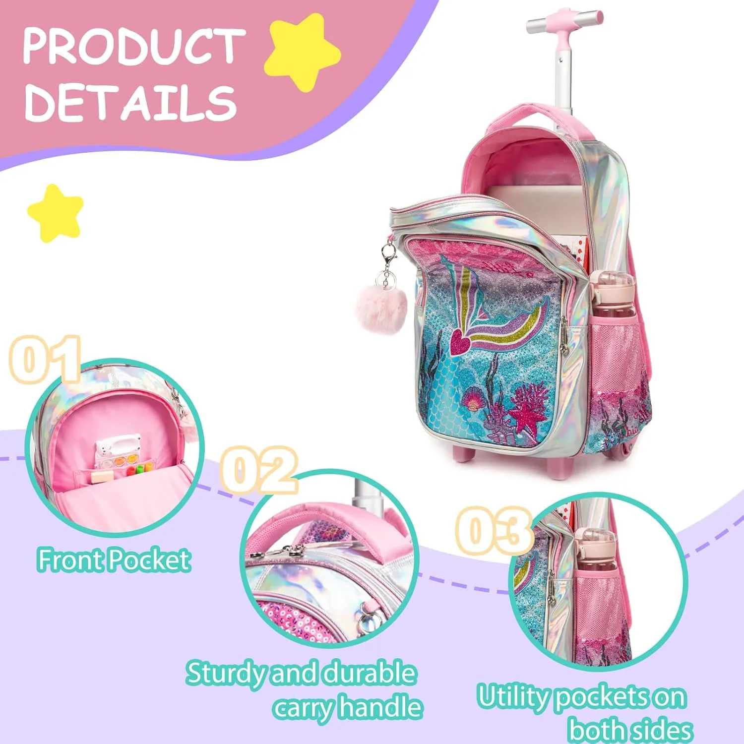 Egchescebo Kids Rolling Backpack for Girls With Wheels School Bags Elementary (5315-meirenyu-Rose)